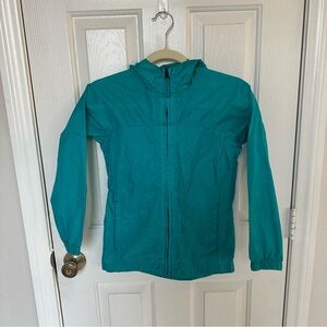 Lands End Girls Rain Jacket Size S 100% Nylon Hooded Full Zip Teal Water Proof